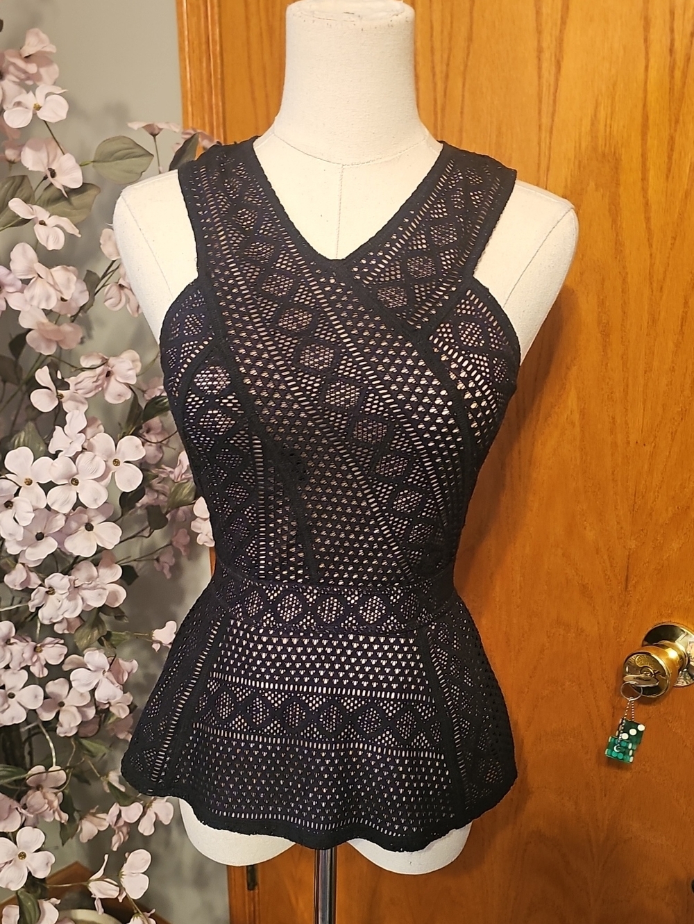 Bcbgmaxazria Black & Tan Illusion Peplum Top